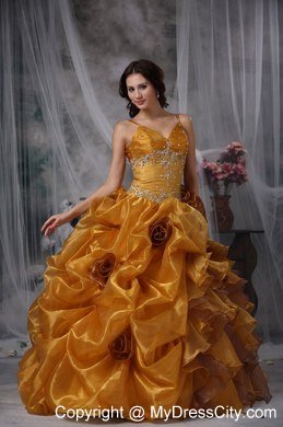 Ball Gown Spaghetti Straps Organza Beading Sweet 15 Dress